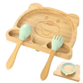 Coptiner Children's Dinner Plate with Secure Suction|Baby Toddler Plate for Weaning and Feeding|Natural Bamboo Divided Plates, Forks & Spoons Set for Babies from 3 Months (Bear)