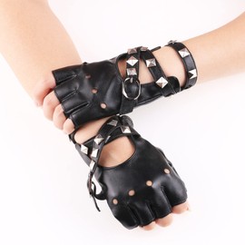 Lopsity Fingerless Faux Leather Driving Gloves Cosplay Costume Half Finger Glove with Belt Up Closure/Rivet for Men Women (black)