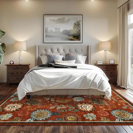 LUXLOOM Washable Rugs for Living Room Botanical 8x10 Area Rugs Boho Distressed Vintage Floral Rug Non Slip Large Kids Bedroom Carpet Indoor Stain-Resistant Floor Cover for Dining Room Nursery Red