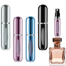 opasyo 4 Pcs Mini Refillable Perfume Portable Atomizer Bottle, 5ml Bottom-Fill Perfume Spray Scent Dispenser, Leak-Proof Travel Pump for Cologne, Aftershave & Purse (Silver/Pink/Blue/Black/)