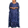 HD African Women Applique Flower Dress Boat Neck Navyblue Caftan