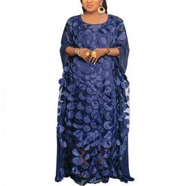 HD African Women Applique Flower Dress Boat Neck Navyblue Caftan Chiffon Gown One Size
