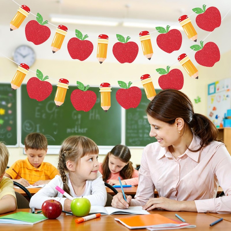 2 Pieces Back to School Pencil and Apple Banner Decorations