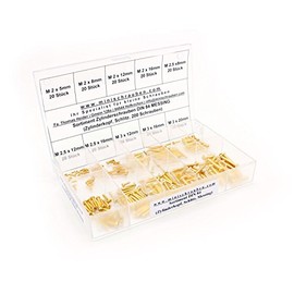 Assortment box with 200 pieces small cylinder screws according to DIN 84 made of brass (M2, M2.5 and M3), slotted, cylinder head. Mini screws assortment including labelled box