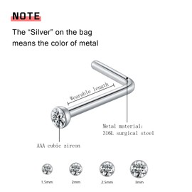 BLZ 18G 3mm Nose Studs for Women Men 6PCS L Shaped Nose Rings Studs Hypoallergenic Nose Piercings Jewelry