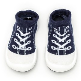 Komuello - Zapatos de calcetín para bebés y niños pequeños, con tirantes, para primer caminante, plano, antideslizante, algodón suave, zapatos de calcetín de alta calidad, Zapatillas Azul Marino, 18-24 Months Toddler
