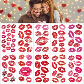 12 Sheets Lip Kiss Print Temporary Tattoos, Valentines Day Heart Kiss Waterproof Fake Tattoo for Adults Kids, Lip Print Tattoo Stickers in Red Black or Pink