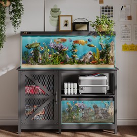 ChooChoo Aquarium Stand with Power Outlets, 55-75 Gallon Fish Tank Stand with Cabinet Storage, for Breeder Tank, Turtle Tank, Double Terrarium Stand, Reptile Tank Stand, Black
