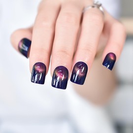 IKISKT Press On Nails - Glitter Cat Eye Tips | Polish Purple Pink Rainbow Color Solid l UV Short Square Shape False Fake Nails, Reusable Glue | 10-12 Sizes - 24 Nail Kit