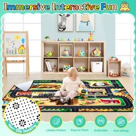 Diysani Kids 5x7 Ft Construction Site Play Rug, Baby Play Mat, Tufted Wool & Rubber, Non-Slip, Stain & Fade Resistant, Machine Washable, Rustic Cartoon Construction Site Pattern