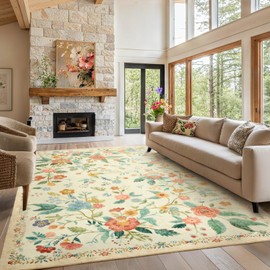 Amada 6x9 Area Rugs, Non-Slip & Low-Profile Living Room Rug with Reinforced Edge Binding, Soft Large Washable Boho Floral Rugs for Living Room, Bedroom, Dining Room