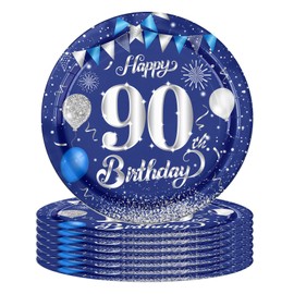 16 Navy Blue 90th Birthday Plates - 7" Paper Plates for 90th Party Decorations