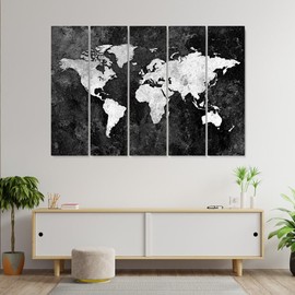 "AWESOMETIK" World Detailed Travel Maps Print On Canvas Wall Art. Ready to Hang.Made in USA (Black World Map)