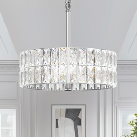 L LOHAS LED Modern Crystal Chandelier for Dining Room Light Fixture, 3-Light Height Adjustable Drum Chandelier for Living Room, Chrome Round Chandelier for Bedroom, Foyer, Kitchen, Entryway, ETL