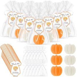 Leelosp 48 Sets Pumpkin Soap Baby Shower Favor Included 48 Mini Pumpkin Soap Thanks Cards and Gift Bags with Ribbon for Fall Thanksgiving Wedding Bridal Shower Party Decor Guest Gifts (White and Pink)