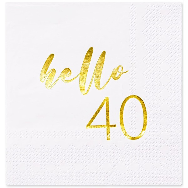 Crisky Hello 40 servilletas de cóctel para mujeres y hombres, decoración de 40 cumpleaños, servilletas desechables de 3 capas, 50 unidades