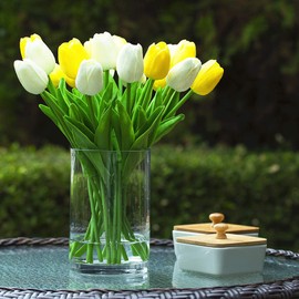 ENOVA HOME 20 Pieces Artificial Real Touch Tulips Flower Arrangement in Glass Vase with Faux Water for Home Decoration (White Yellow)