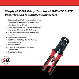 Simply45 Pass-Through RJ45 Crimp Tool for Unshielded and Internal Ground Shielded Pass-Through RJ45 Modular Plugs - Built-In Stripper/Cutter - S45-C100