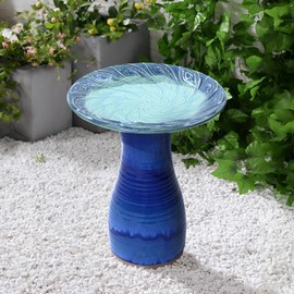 Maykoosh Rococo Radiance Glazed Spiral Ceramic 20-in Tall Birdbath, Blue Glaze Finish, 18.11 in. W X 22.83 in. H X 18.11 in. D, Artistic Design Outdoor Birdbath, Elegant Design Birdbath