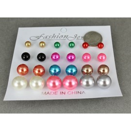 12 Pair Earrings Plastic Faux Pearl Bead Ball Stud Post Metallic Colors Adorable Statement Jewelry Earrings for Women