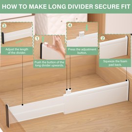 FUNIZE Adjustable Drawer Dividers With Inserts, 4'' High Expandable Drawer Organizers for Clothes, 5 Pack 12.6-22.8'' Long Dividers with 3.9-7.1'' Inserts, Drawer Separators for Socks/Tools-White