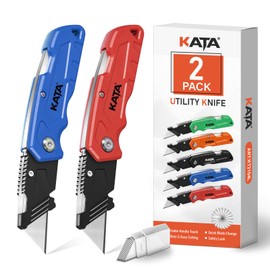 KATA Box Cutter, 2-Pack Tough Folding Utility Knife for Heavy Duty Purpose, Extra 10Pcs Razor Sharp Blades, Comfortable Handle, Gifts for Cutting Drywall, Sheet Plastic, Linoleum, Boxes, Carton, Rope