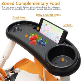 Universal Pram Tray, Pram Dinner Tray, Pram Snack Tray with Drink Holder, 360 Degree Rotating 3-in-1 Removable Drink Holder, for Most Pushchairs Armrests