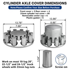 czyopo Cylinder Flat Axle Wheel Cover Set 2 Front and 4 Rear Axle Hub Covers with 33mm Thread-on Chrome Lug Nut Covers