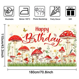 Mocsicka Mushroom Birthday Banner Backdrop Red Mushroom Birthday Party Banner Mushroom Birthday Party Decorations for Kids Birthday Party Supplies (Red, 70.8x43.3 inch)