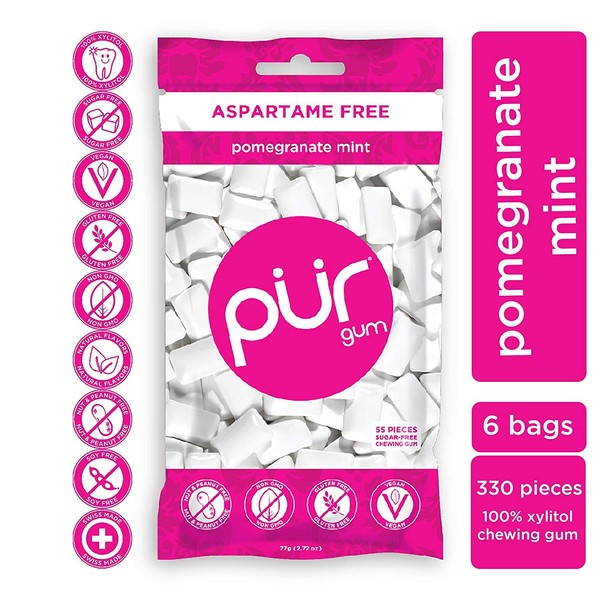 PUR 100% Xylitol Chewing Gum, Pomegranate Mint, Sugar-Free + Aspartame Free, Vegan + non GMO, 55 Count (Pack of 6)