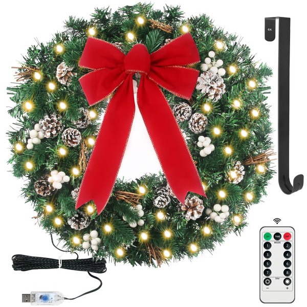24" Prelit Christmas Door Wreath with 50 Lights & Timer