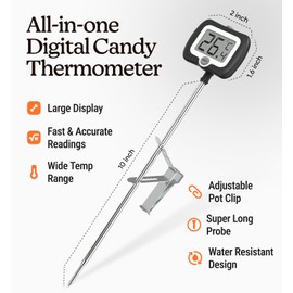 Digital Candy Thermometer with Pot Clip, 10" Long Stainless Steel Probe, Instant Read Kitchen Thermometer for Cooking, Baking, and Candy Making (Black)
