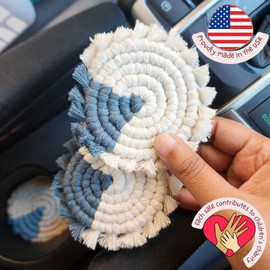 Cotton Car Coasters for Cup Holders, 2PC Car Cup Coasters, Drink Coaster Holder, Cute cupholder Coaster Accessories for Women, Macrame, Boho (Mystic Peacock)