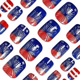 24pcs 4th of July Press on Nails Short Square Independence Day Fireworks Fake Nails with Designs Star False Nails Glue on Nails Fourth of July Patriotic Full Cover Stick on Nails for Women