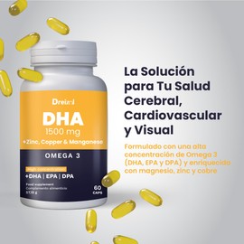 DREIZOL Omega 3 DHA 1500 mit EPA und DPA + Magnesium, Zink und Kupfer - Hohe Konzentration - Unterstützt Augengewebe, Netzhaut sowie Herz- und Gehirngesundheit - Glutenfrei - GMO-frei - 60 Kapseln