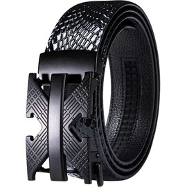 Barry.Wang - Cinturón formal para hombre, hebilla de piel auténtica, con carraca automático, regalo de lujo, Negro X, Leather belt size 43" (110cm)