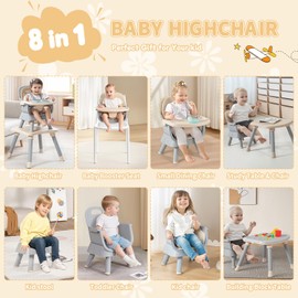 Kinder King 8 in 1 Baby High Chair, Coverts to Dining Booster Seat/Kids Table & Chair Set/Toddler Building Block Table/Kids Stool, Removable Tray & Double Seat Cover, Easy to Wipe, Grey & Coffee