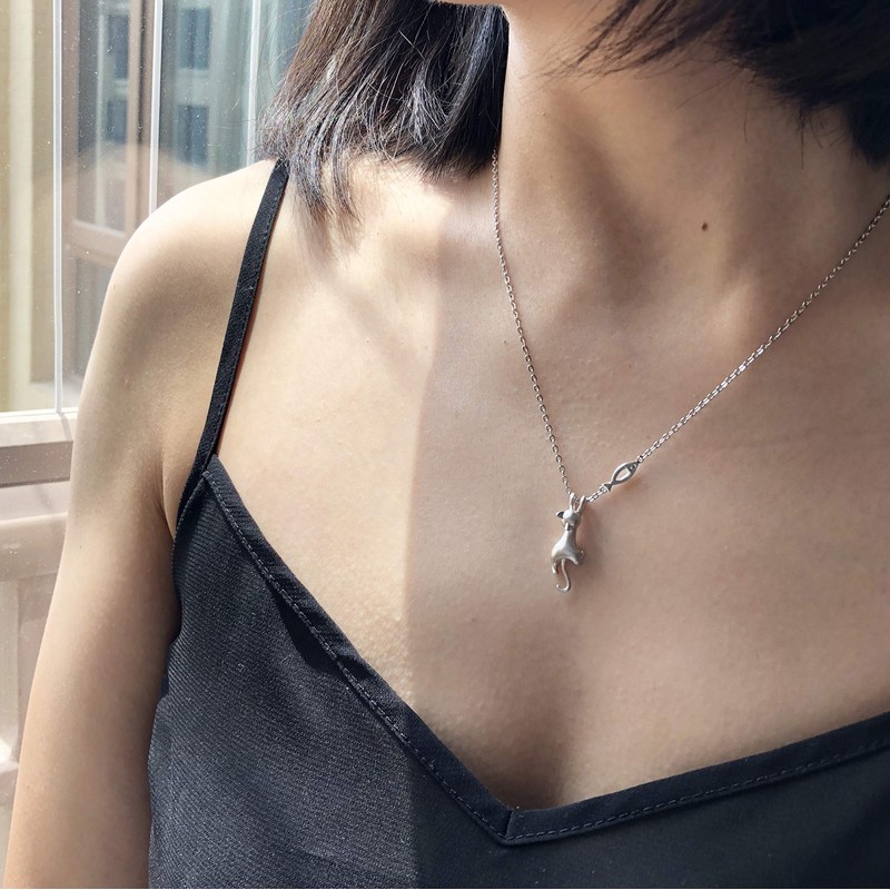 Jiamiaoi Women's Cat Necklace, Sterling Silver Cat Pendant, Jewellery, Silver