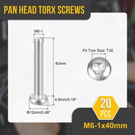 DTGN M6x40mm Pan Head Torx Security Screw - 20Pack - Good for Machinery - 304 Stainless Steel Button Head Torx Bolt Star Drive Security Fasteners - Silver Tone