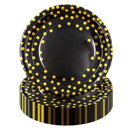 Sveikie60 Pieces Black and Gold Dessert Paper Plates Tableware Supplies, 7 Inch Dinner Plates x 60 Pieces for Birthday, Wedding, Anniversary, Graduation Party (7 Inch)