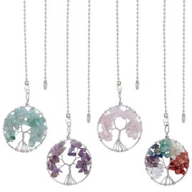 BENECREAT 4Pcs Tree of Life Gemstone Ceiling Fan Pull Chain Extenders, Amethyst & Green Aventurine Floor Lamp Extension with Ball Chain for Table Lamp Light Decoration