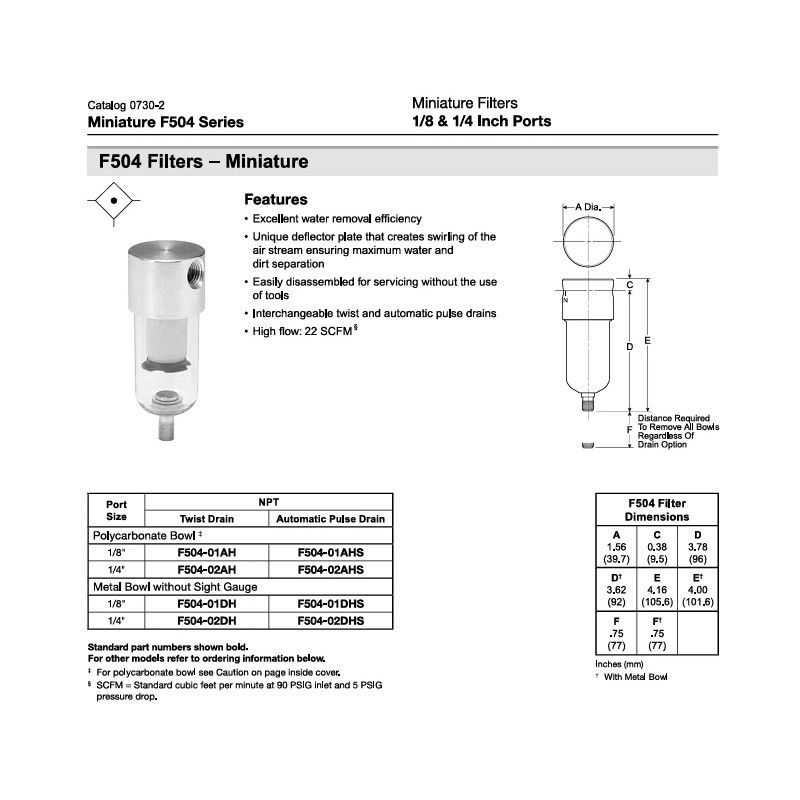Parker-Watts F504-02AH Mini Series Pneumatic Filter 1/4 IN NPT