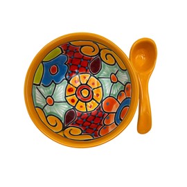Talavera Salsa Bowl w/Spoon Molcajete Ceramic Mexican Pottery Folk Art Handmade Multicolor Hand Painted (Multi)