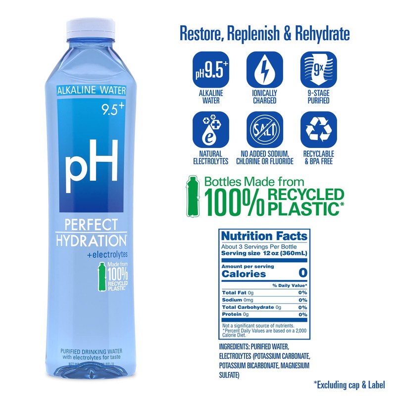 Perfect Hydration 9.5+ pH Alkaline Drinking Water, 1-Liter Bottle, Case