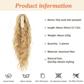 XFSRG Pferdeschwanz Haarteil mit Klammer Lange Wellig Lockig Zopf Extensions Natürliche Synthetik Claw Clip in Haarteil Ponytail für Damen 45cm（Gold）