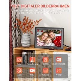 OBVHNUA Digital Photo Frame 10.1 Inch Electronic Photo Frame 1280 x 800 IPS Supports USB or SD Card (128 GB) Automatic Rotation Function Photo/Music/Video Player/Weather/Calendar/Alarm Clock