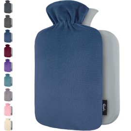 Hot Water Bottle with Cover - Soft Premium Fleece Cover - 1.8L Large Hot Water Bottle Kids Bed Bottle for Adults - Dark Blue