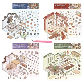 3D House Stickers Set of 4 DIY 3D Collage Material Scene Stickers Collage Stickers Paper Miniature Model Paper Doll House Paper Material Tweezers Included Diary 3D Korean Style Niche Stress Relief