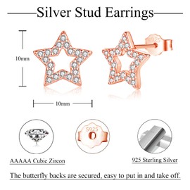 Estrellique 925 Sterling Silver Stud Earrings, Zircon Small Stud Earrings, Hollow Heart/Star Stud Earrings for Women Girls, Hypoallergenic Cartilage Sleeping Stud Earrings, 8 mm Silver/Rose Gold/Gold