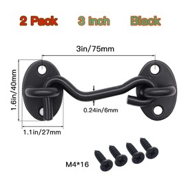 Joyangy 2 Pack 3 Inch Black Stainless Steel Hook and Eye Latch, Heavy Duty Barn Door Lock for Gates, Sheds, Windows, Fences, Cabin - Solid Thicken Privacy Latch with Mounting Screws
